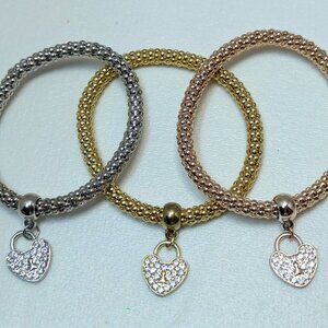 set of 3 crystal heart bracelets gold rose gold & silver